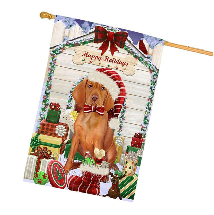 Happy Holidays Christmas Vizsla Dog House With Presents House Flag FLG51660