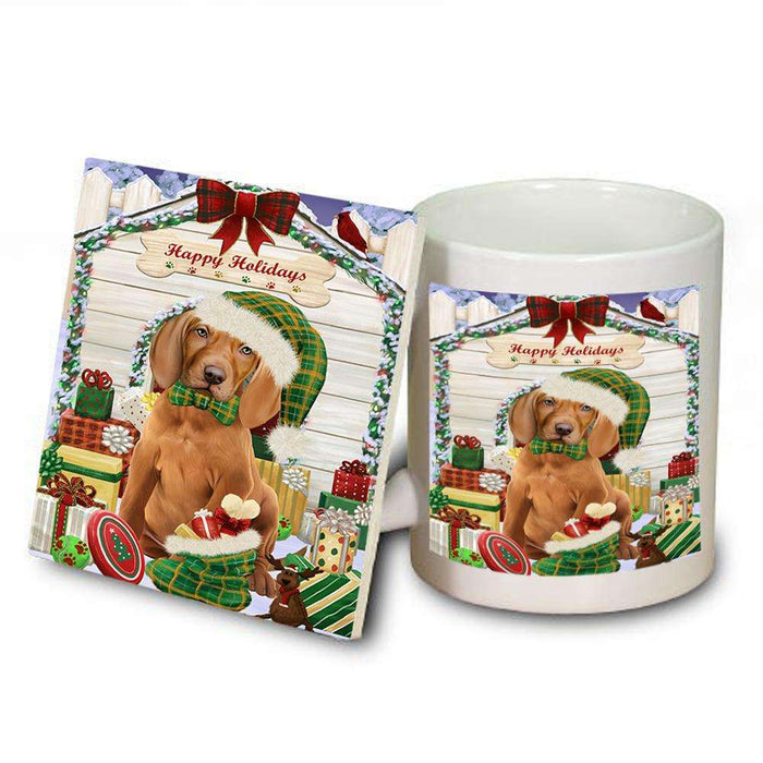 Happy Holidays Christmas Vizsla Dog House With Presents Mug and Coaster Set MUC51516