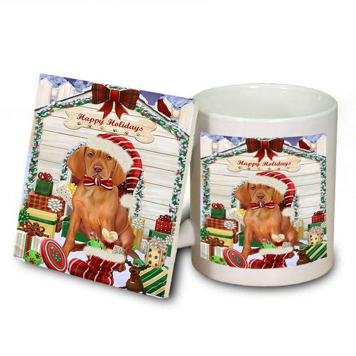 Happy Holidays Christmas Vizsla Dog House With Presents Mug and Coaster Set MUC51519