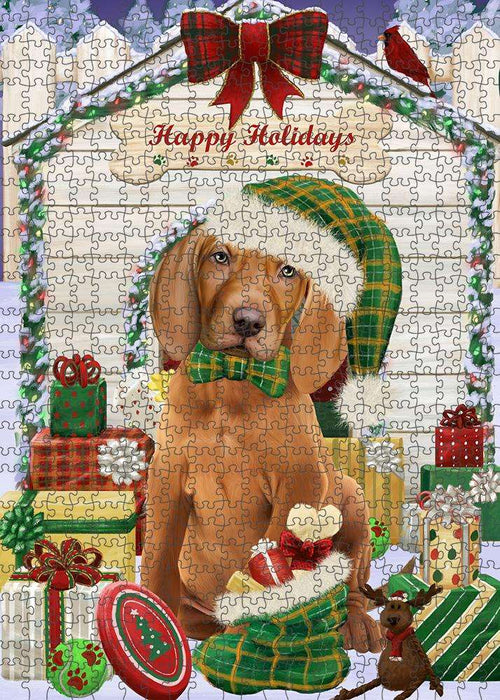 Happy Holidays Christmas Vizsla Dog House with Presents Puzzle with Photo Tin PUZL58659