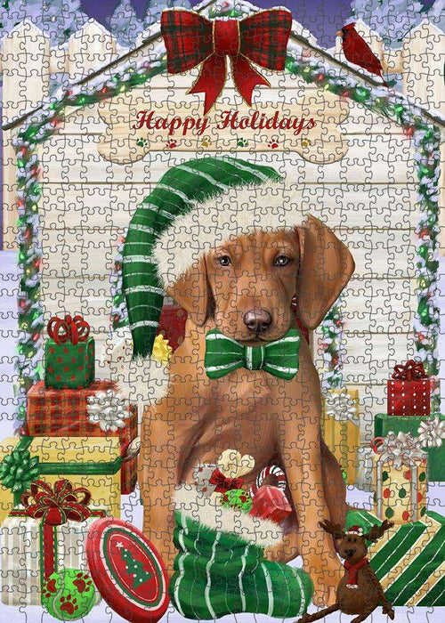 Happy Holidays Christmas Vizsla Dog House with Presents Puzzle with Photo Tin PUZL58662