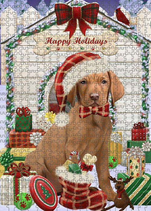 Happy Holidays Christmas Vizsla Dog House with Presents Puzzle with Photo Tin PUZL58665