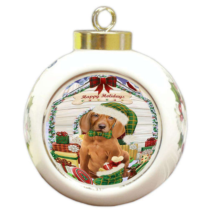 Happy Holidays Christmas Vizsla Dog House With Presents Round Ball Christmas Ornament RBPOR51524