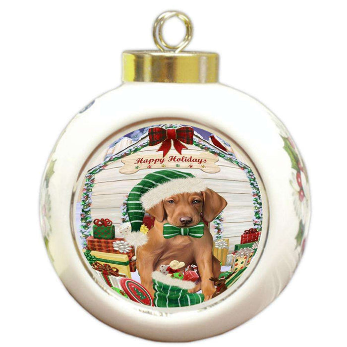 Happy Holidays Christmas Vizsla Dog House With Presents Round Ball Christmas Ornament RBPOR51525