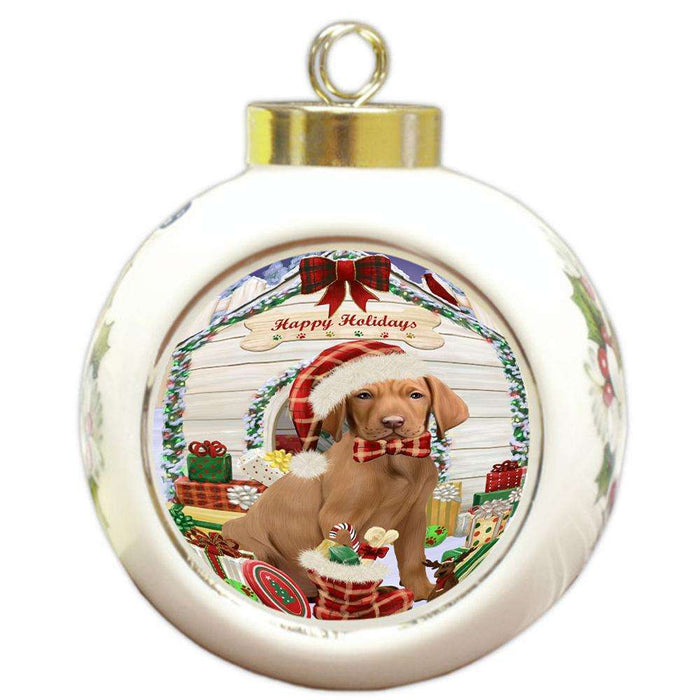 Happy Holidays Christmas Vizsla Dog House With Presents Round Ball Christmas Ornament RBPOR51526