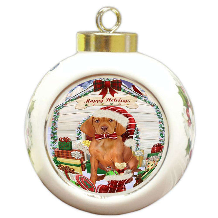 Happy Holidays Christmas Vizsla Dog House With Presents Round Ball Christmas Ornament RBPOR51527