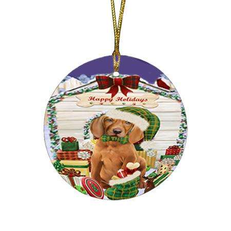 Happy Holidays Christmas Vizsla Dog House With Presents Round Flat Christmas Ornament RFPOR51515
