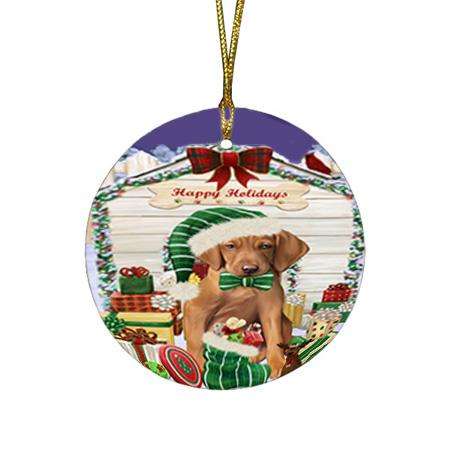 Happy Holidays Christmas Vizsla Dog House With Presents Round Flat Christmas Ornament RFPOR51516