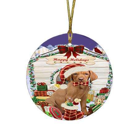 Happy Holidays Christmas Vizsla Dog House With Presents Round Flat Christmas Ornament RFPOR51517