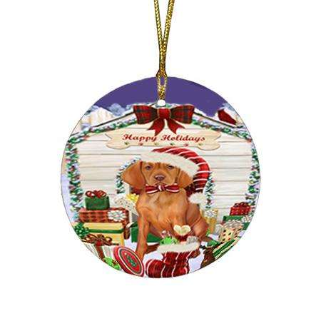 Happy Holidays Christmas Vizsla Dog House With Presents Round Flat Christmas Ornament RFPOR51518