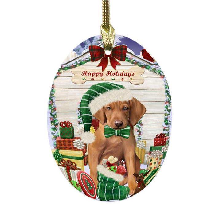Happy Holidays Christmas Vizsla House With Presents Oval Glass Christmas Ornament OGOR49987