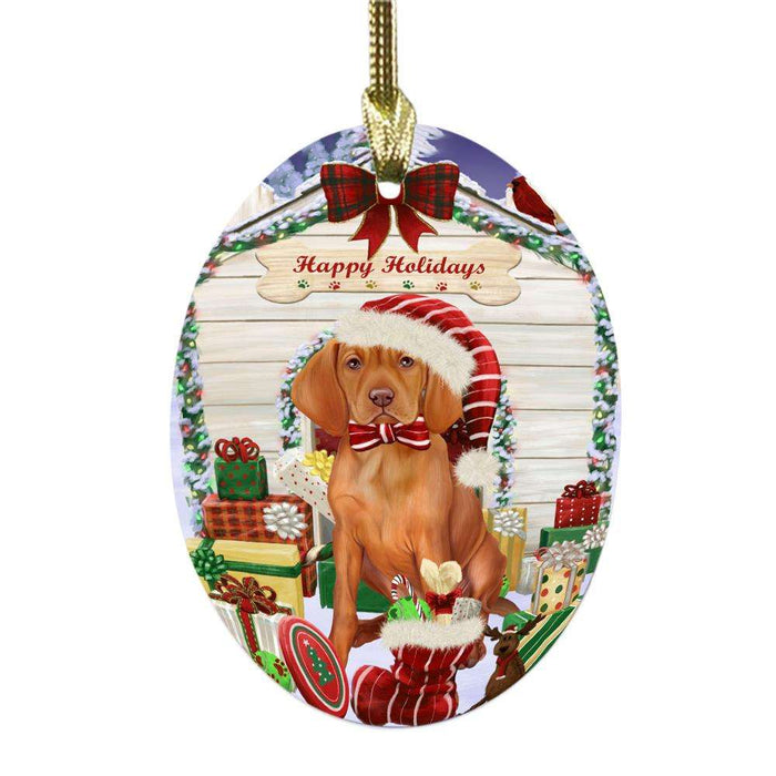Happy Holidays Christmas Vizsla House With Presents Oval Glass Christmas Ornament OGOR49989