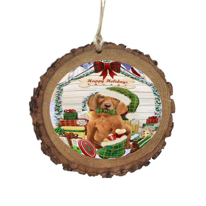 Happy Holidays Christmas Vizsla House With Presents Wooden Christmas Ornament WOR49986