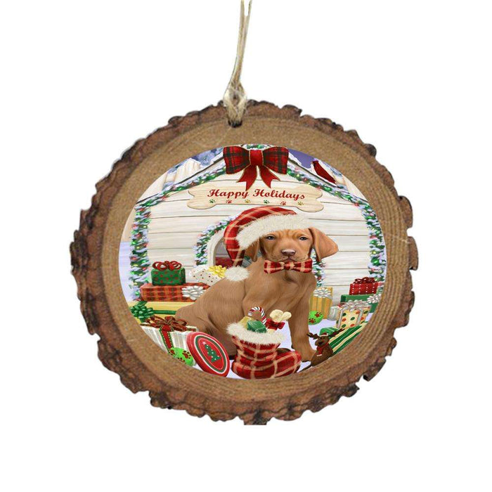 Happy Holidays Christmas Vizsla House With Presents Wooden Christmas Ornament WOR49988
