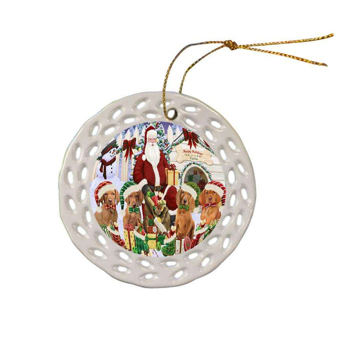 Happy Holidays Christmas Vizslas Dog House Gathering Ceramic Doily Ornament DPOR51471