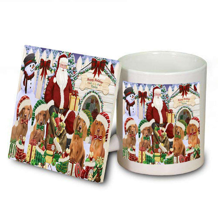 Happy Holidays Christmas Vizslas Dog House Gathering Mug and Coaster Set MUC51463