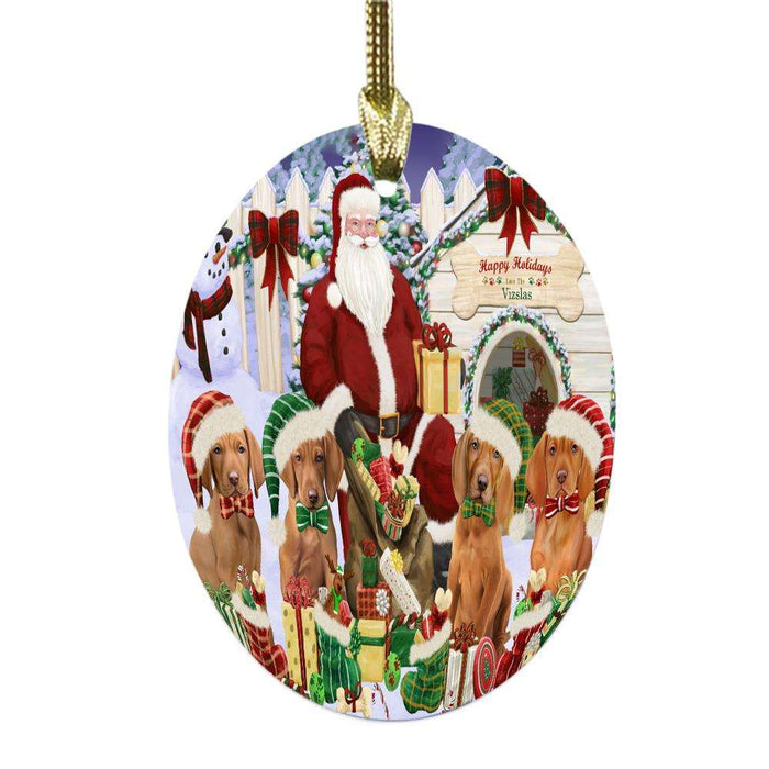 Happy Holidays Christmas Vizslas Dog House Gathering Oval Glass Christmas Ornament OGOR49733