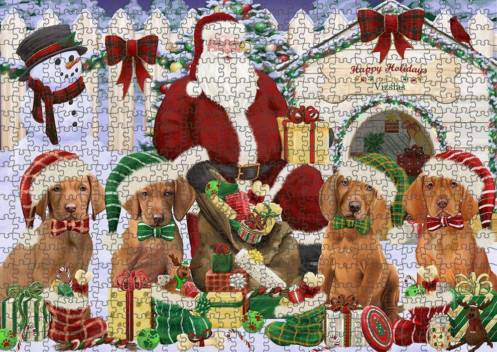 Happy Holidays Christmas Vizslas Dog House Gathering Puzzle with Photo Tin PUZL58500