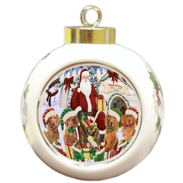 Happy Holidays Christmas Vizslas Dog House Gathering Round Ball Christmas Ornament RBPOR51471