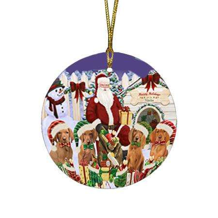 Happy Holidays Christmas Vizslas Dog House Gathering Round Flat Christmas Ornament RFPOR51462