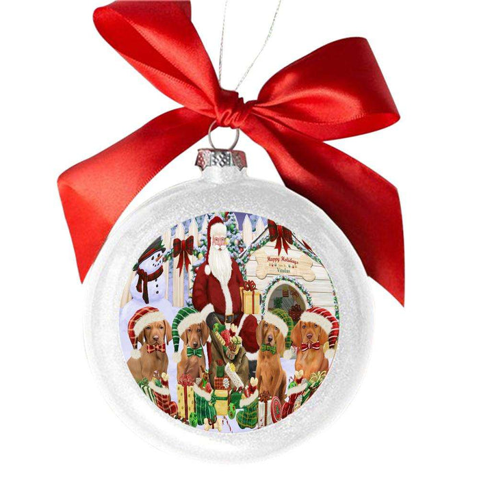 Happy Holidays Christmas Vizslas Dog House Gathering White Round Ball Christmas Ornament WBSOR49733