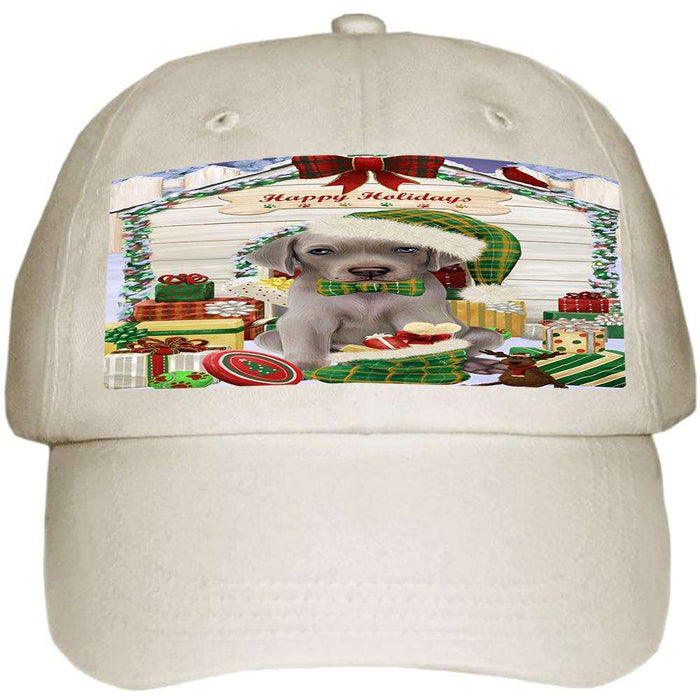 Happy Holidays Christmas Weimaraner Dog House with Presents Ball Hat Cap HAT58317