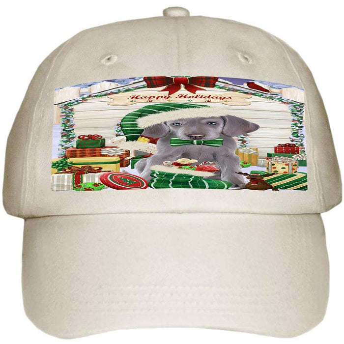 Happy Holidays Christmas Weimaraner Dog House with Presents Ball Hat Cap HAT58320
