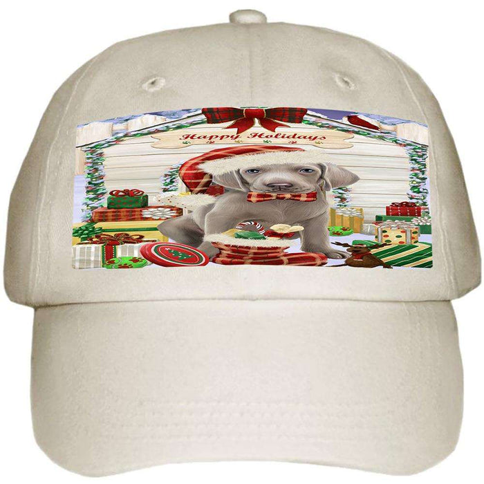 Happy Holidays Christmas Weimaraner Dog House with Presents Ball Hat Cap HAT58323