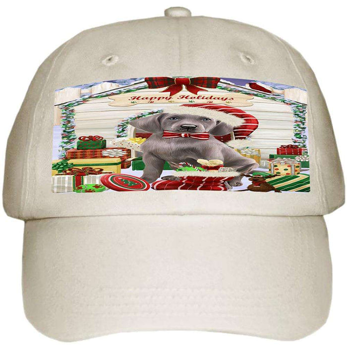 Happy Holidays Christmas Weimaraner Dog House with Presents Ball Hat Cap HAT58326