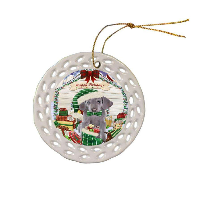 Happy Holidays Christmas Weimaraner Dog House With Presents Ceramic Doily Ornament DPOR51529