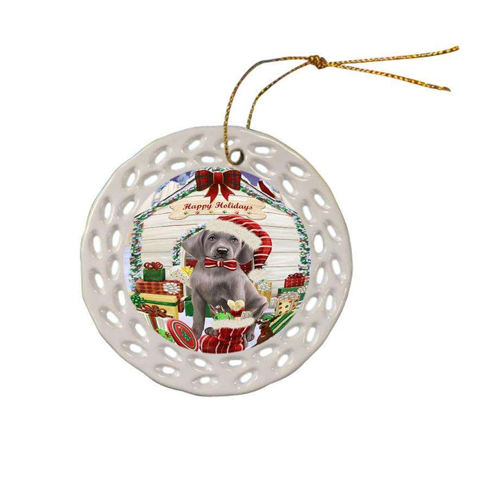 Happy Holidays Christmas Weimaraner Dog House With Presents Ceramic Doily Ornament DPOR51531