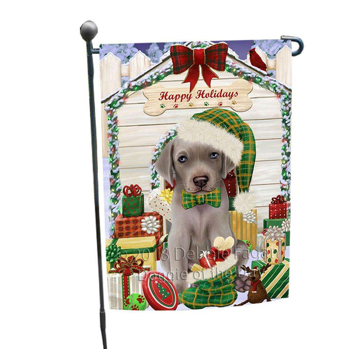 Happy Holidays Christmas Weimaraner Dog House With Presents Garden Flag GFLG51525