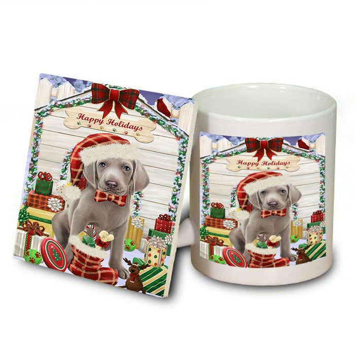 Happy Holidays Christmas Weimaraner Dog House With Presents Mug and Coaster Set MUC51522