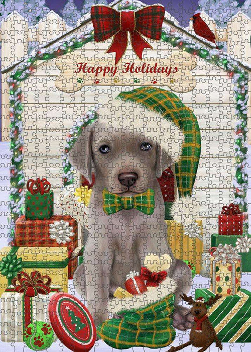 Happy Holidays Christmas Weimaraner Dog House with Presents Puzzle with Photo Tin PUZL58671