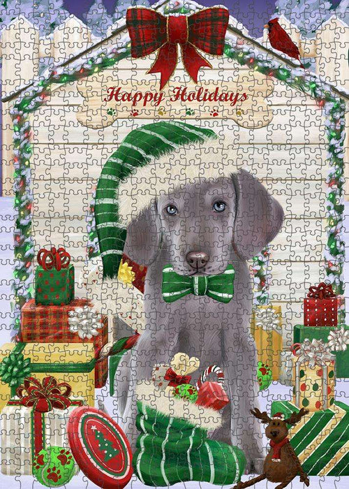 Happy Holidays Christmas Weimaraner Dog House with Presents Puzzle with Photo Tin PUZL58674
