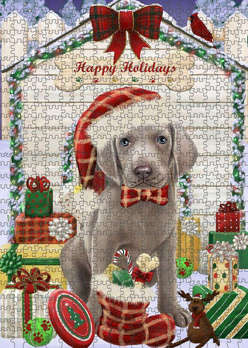 Happy Holidays Christmas Weimaraner Dog House with Presents Puzzle with Photo Tin PUZL58677