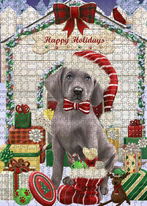 Happy Holidays Christmas Weimaraner Dog House with Presents Puzzle with Photo Tin PUZL58680