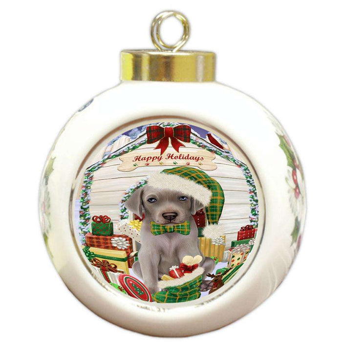 Happy Holidays Christmas Weimaraner Dog House With Presents Round Ball Christmas Ornament RBPOR51528