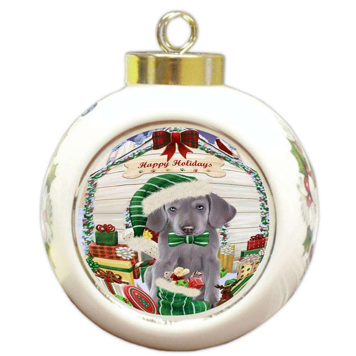 Happy Holidays Christmas Weimaraner Dog House With Presents Round Ball Christmas Ornament RBPOR51529