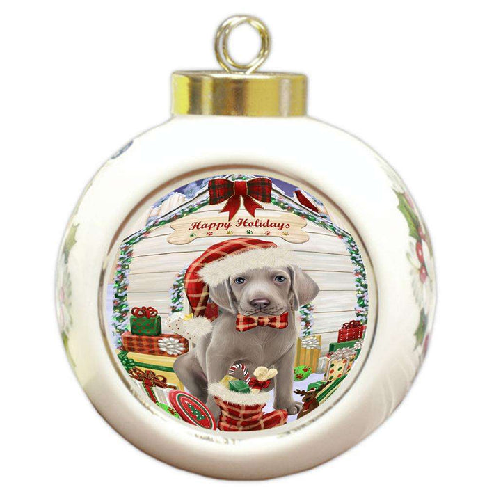 Happy Holidays Christmas Weimaraner Dog House With Presents Round Ball Christmas Ornament RBPOR51530