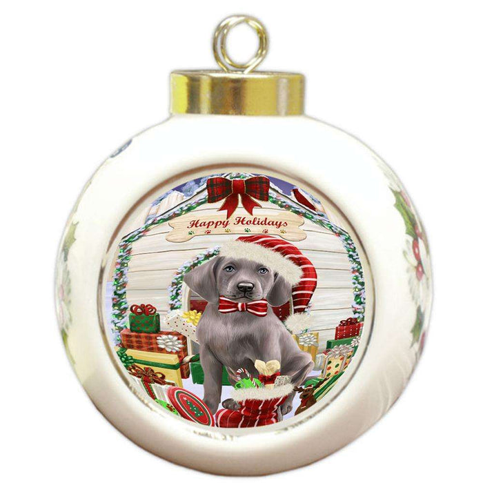 Happy Holidays Christmas Weimaraner Dog House With Presents Round Ball Christmas Ornament RBPOR51531