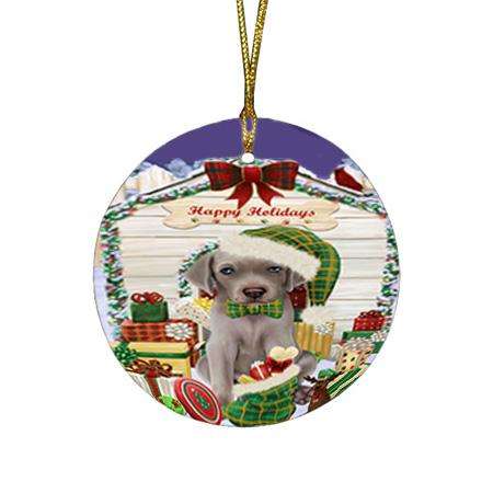 Happy Holidays Christmas Weimaraner Dog House With Presents Round Flat Christmas Ornament RFPOR51519