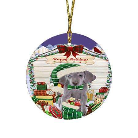 Happy Holidays Christmas Weimaraner Dog House With Presents Round Flat Christmas Ornament RFPOR51520