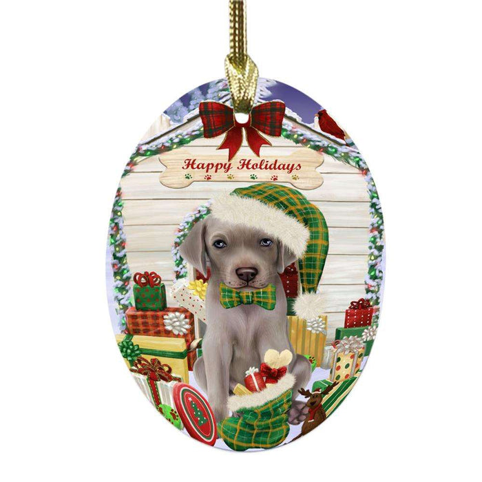 Happy Holidays Christmas Weimaraner House With Presents Oval Glass Christmas Ornament OGOR49990
