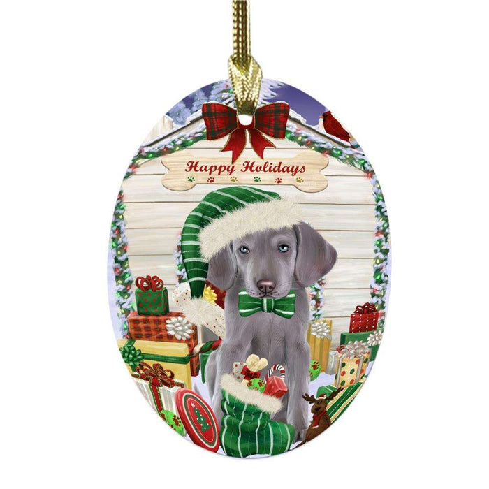 Happy Holidays Christmas Weimaraner House With Presents Oval Glass Christmas Ornament OGOR49991