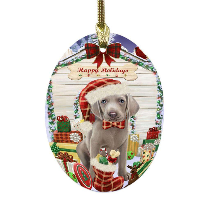 Happy Holidays Christmas Weimaraner House With Presents Oval Glass Christmas Ornament OGOR49992