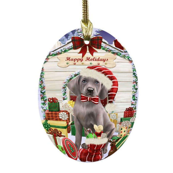 Happy Holidays Christmas Weimaraner House With Presents Oval Glass Christmas Ornament OGOR49993