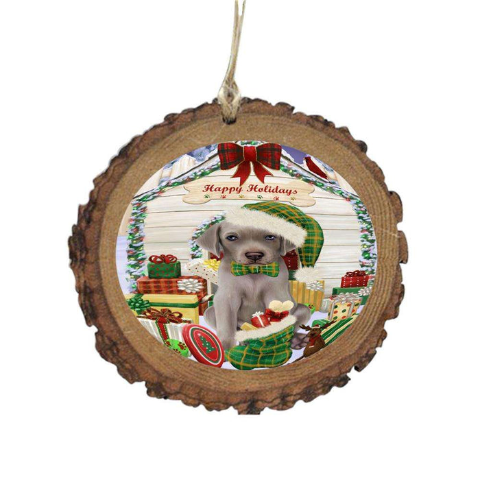 Happy Holidays Christmas Weimaraner House With Presents Wooden Christmas Ornament WOR49990
