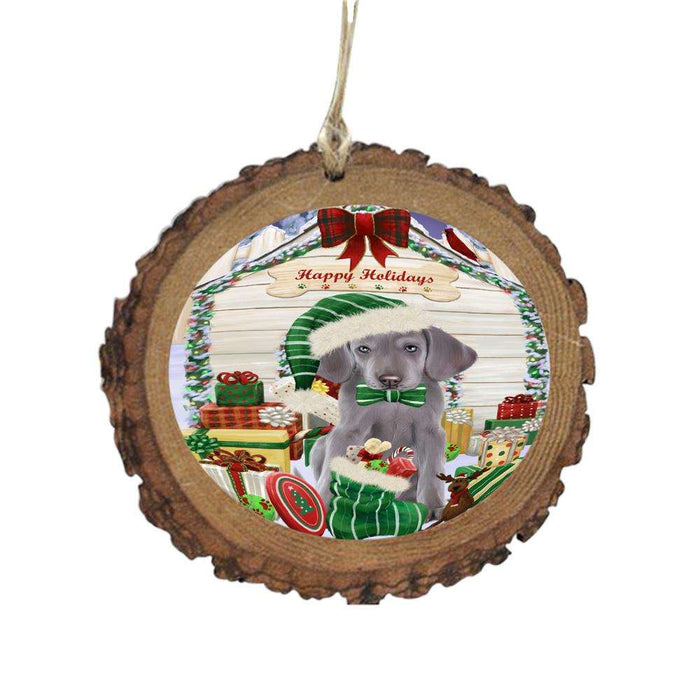 Happy Holidays Christmas Weimaraner House With Presents Wooden Christmas Ornament WOR49991