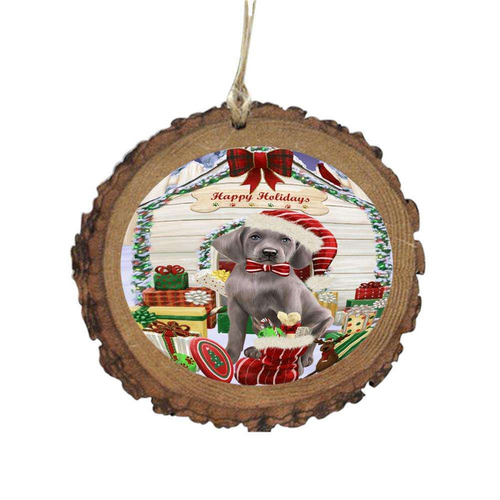 Happy Holidays Christmas Weimaraner House With Presents Wooden Christmas Ornament WOR49993